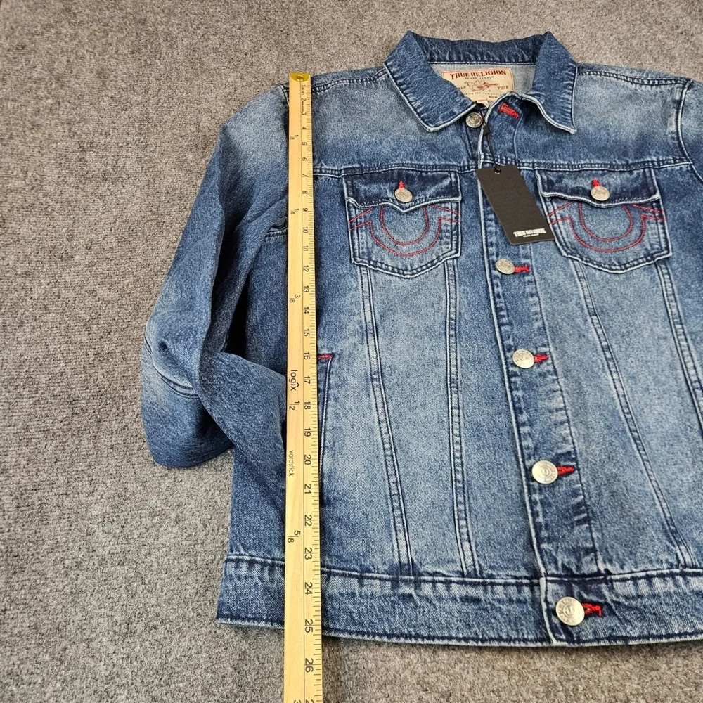 True Religion Mens Denim Jacket Medium Blue Quartz Wash Buddha Print 701133 XL
